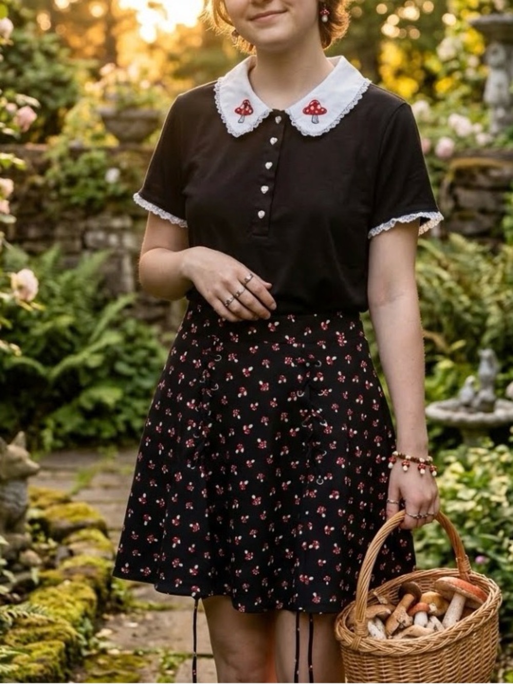 🍄 Vintage-Inspired Black with White and Red Mushrooms Print Skirt and Collar Top